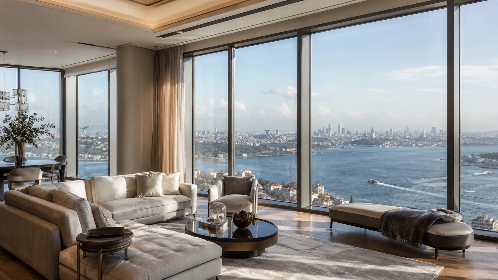 Boğaz manzaralı yüksek kat lüks residence iç mekanı.