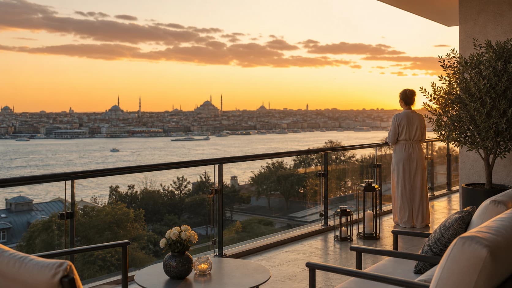 Gün batımında İstanbul manzaralı lüks residence balkonu.