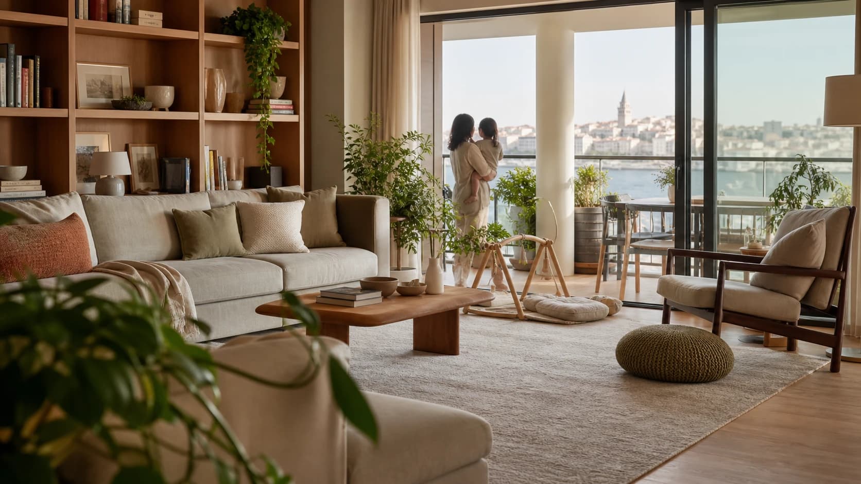 İstanbul’da güvenli ve modern aile yaşamına uygun sıcak residence salonu.