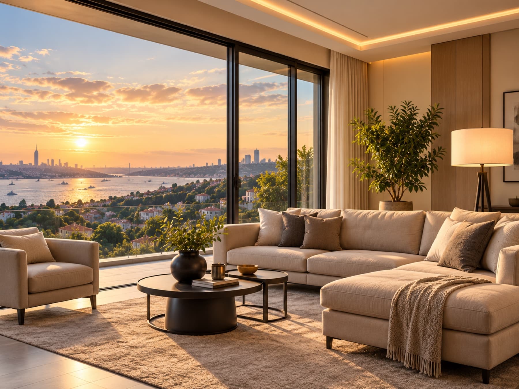 İstanbul Boğazı manzaralı bir residence yaşam alanı; mülk sunumunu temsilen