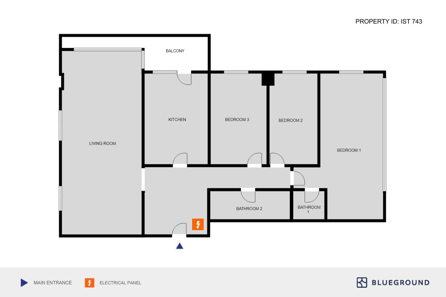 Original IST743 Mesa Cadde floor plan with living room, three bedrooms, separate kitchen, balcony and two bathrooms