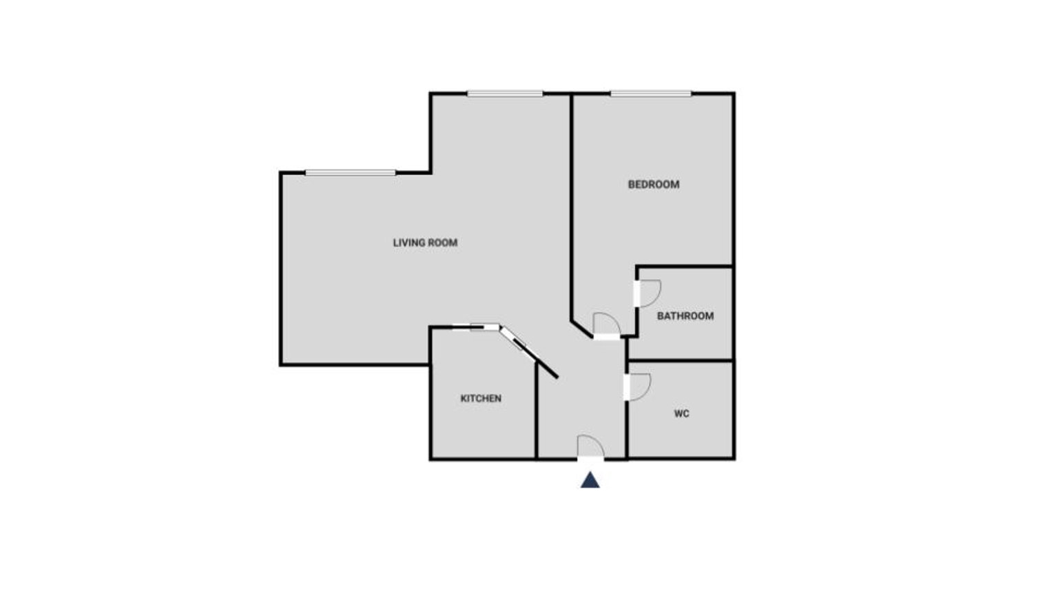 Unscaled Metrocity floor plan showing the living room, bedroom, separate kitchen, bathroom and WC